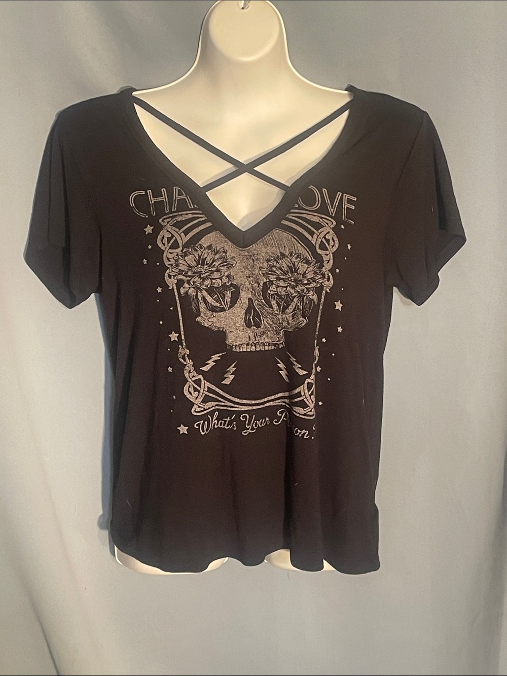 Express Black Crisscross V-Neck Skull Graphic Tee